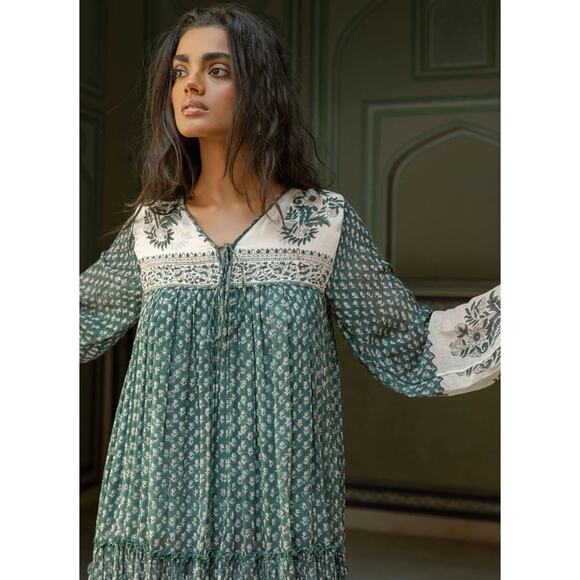 Daughters Of India Rooh Mini Dress Pine Long Sleeve Turquoise Medium Cotton - Picture 2 of 11